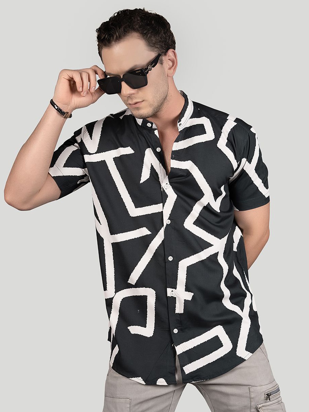 

ALMATY Men Comfort Slim Fit Opaque Printed Party Shirt, Black