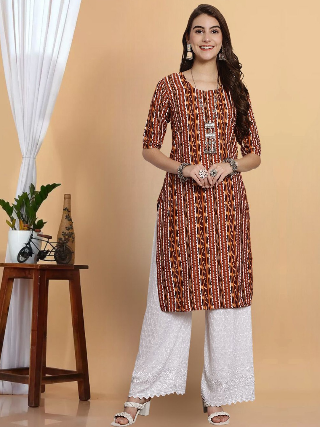 

7Threads Women Geometric Printed Mirror Work Floral Crepe Anarkali Kurta, Multi