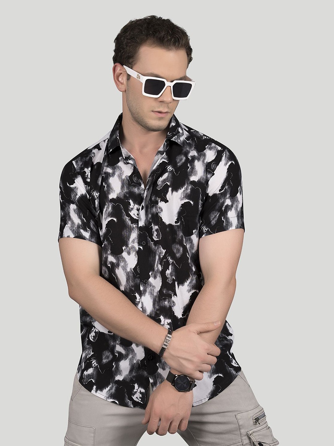

ALMATY Men Comfort Slim Fit Opaque Printed Party Shirt, Black
