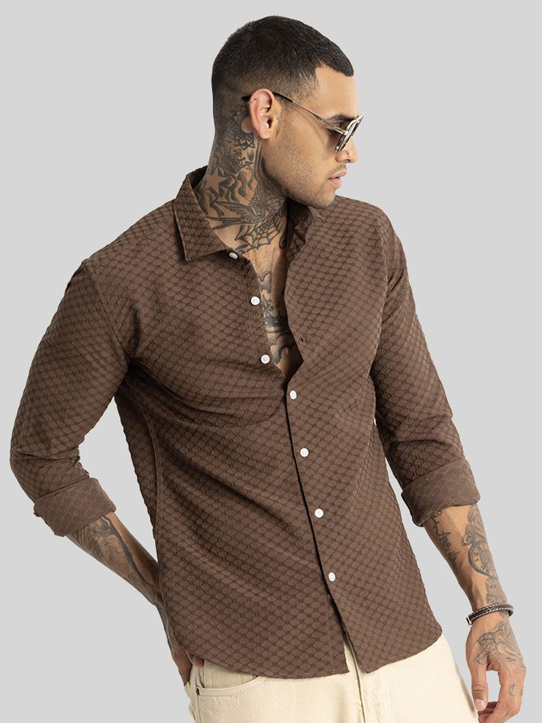 

Snitch Men Smart Slim Fit Opaque Printed Casual Shirt, Brown