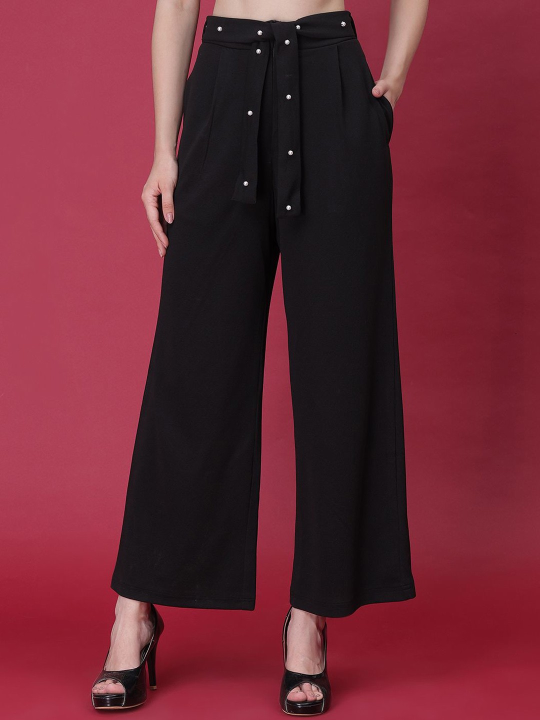 

Frolic Rolic Polyester Embellished Belt Parallel Trouser, Black