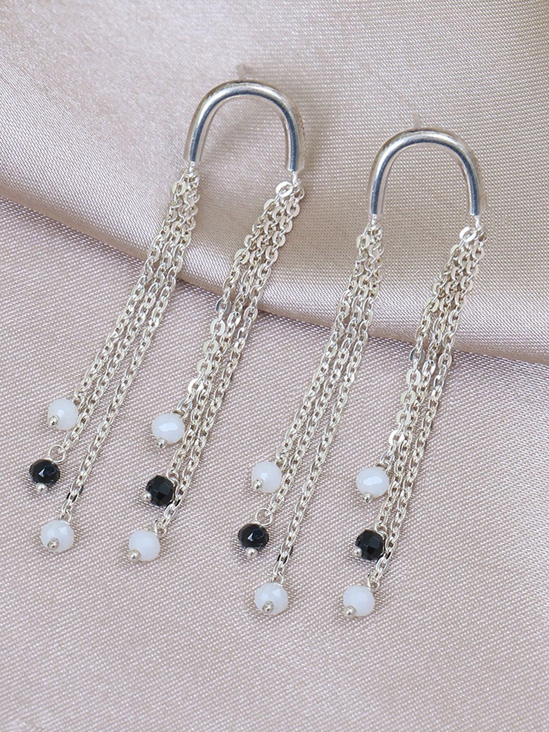 

House of Pataudi 925 Sterling Silver Long Chain Tasselled Beaded Drop Earrings