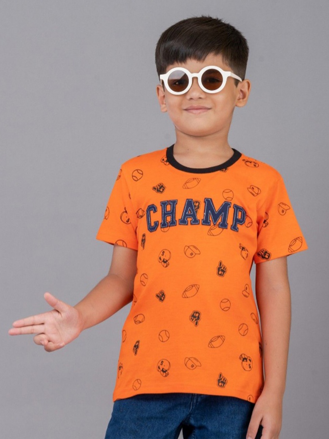 

MIMINO Boys Printed Drop-Shoulder Sleeves Pockets T-shirt, Orange