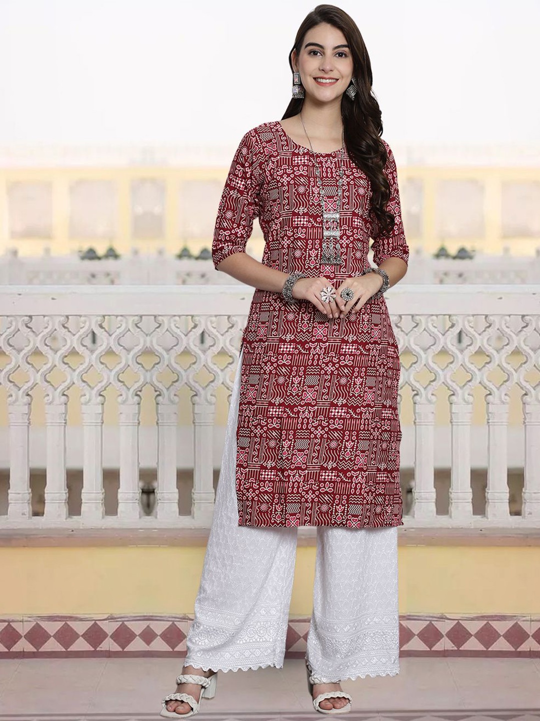 

7Threads Women Checked Sequinned Floral Crepe Kurta, Multi