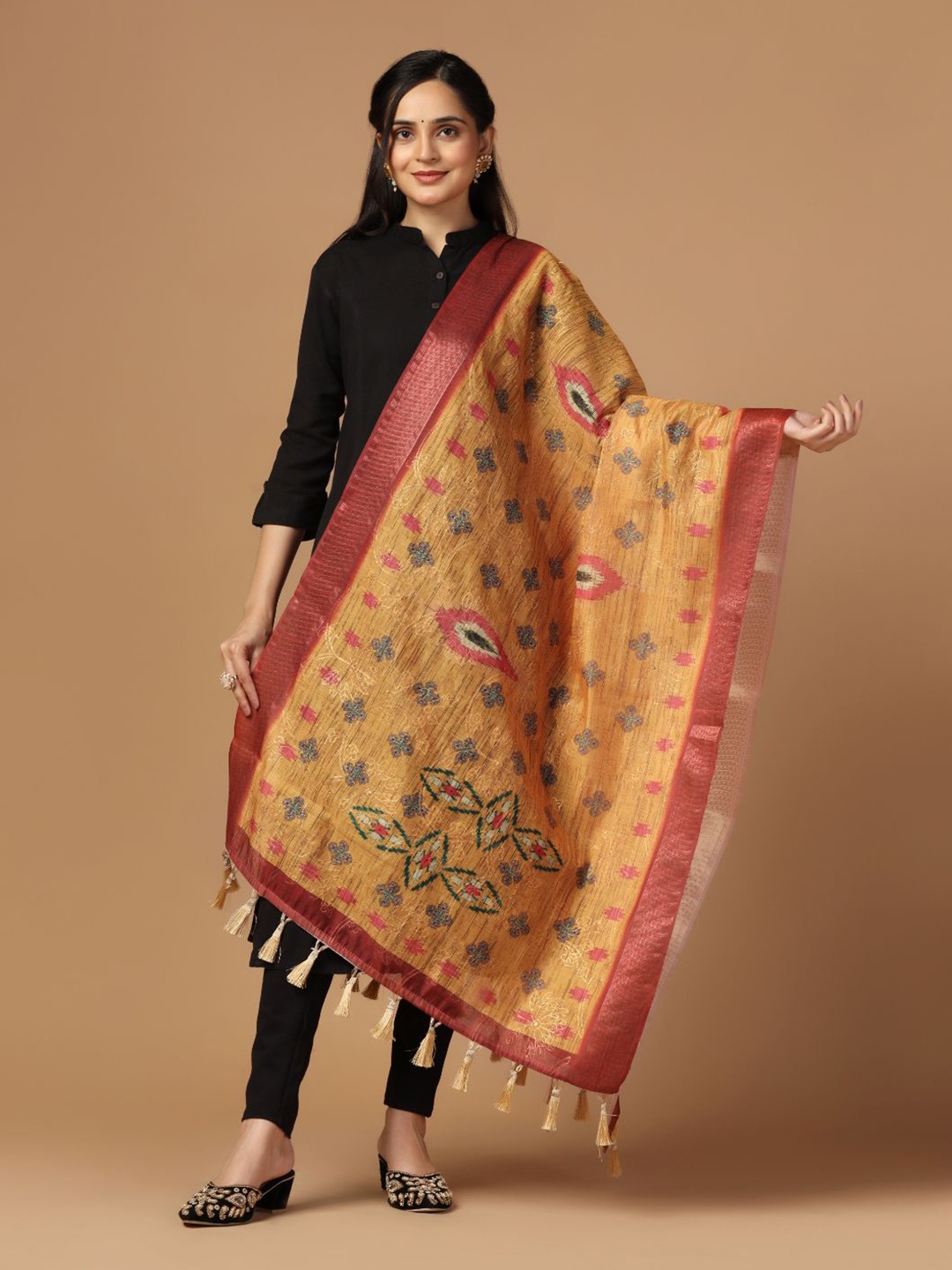 

Kaizen TEXO FAB Ethnic Motifs Printed Zari Chanderi Dupatta, Mustard