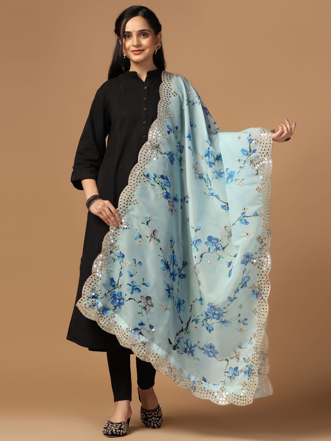 

Kaizen TEXO FAB Printed Mirror Work Organza Dupatta, Sea green