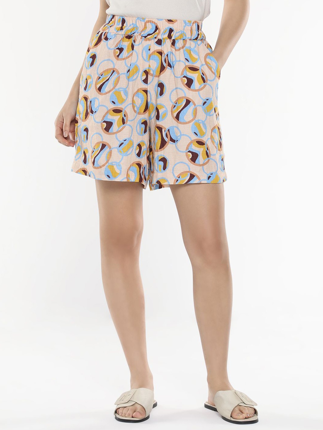 

RAREISM Women Abstract High-Rise Shorts, Beige