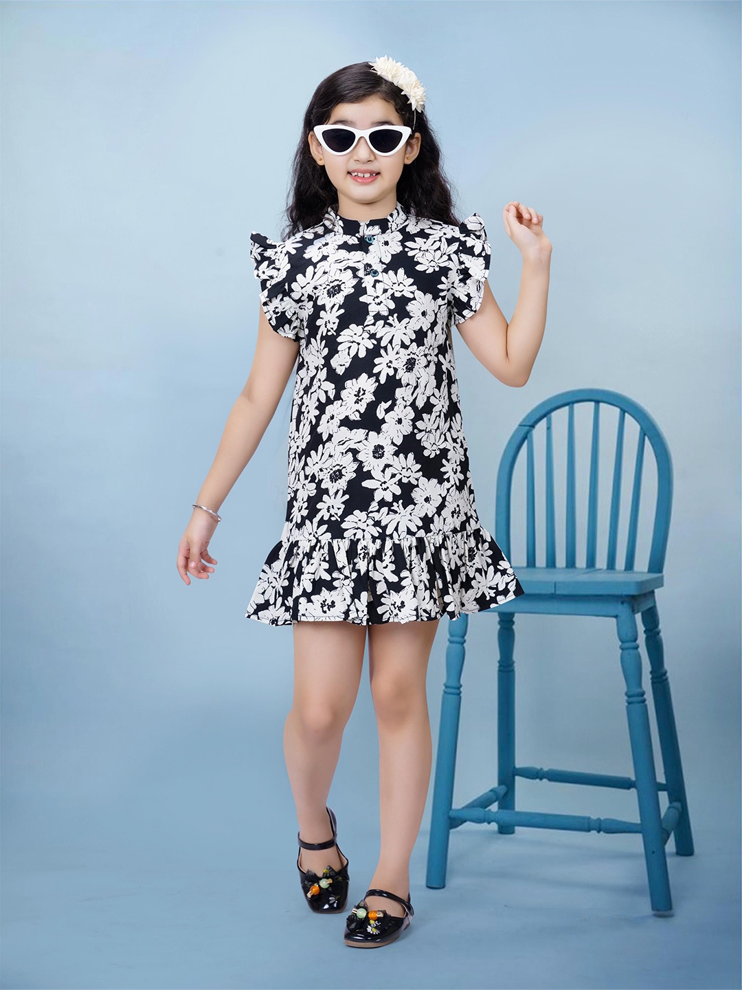 

RANJ Girls Floral Printed Drop-Waist Mini Dress, Black