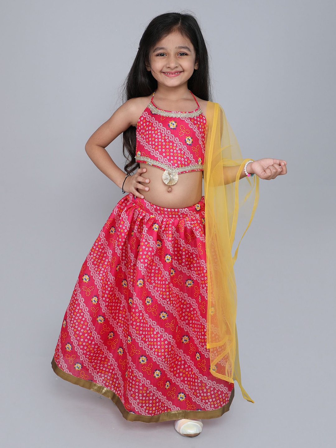 

MANY FROCKS & Girls Printed Ready to Wear Lehenga Blouse With Dupatta, Red