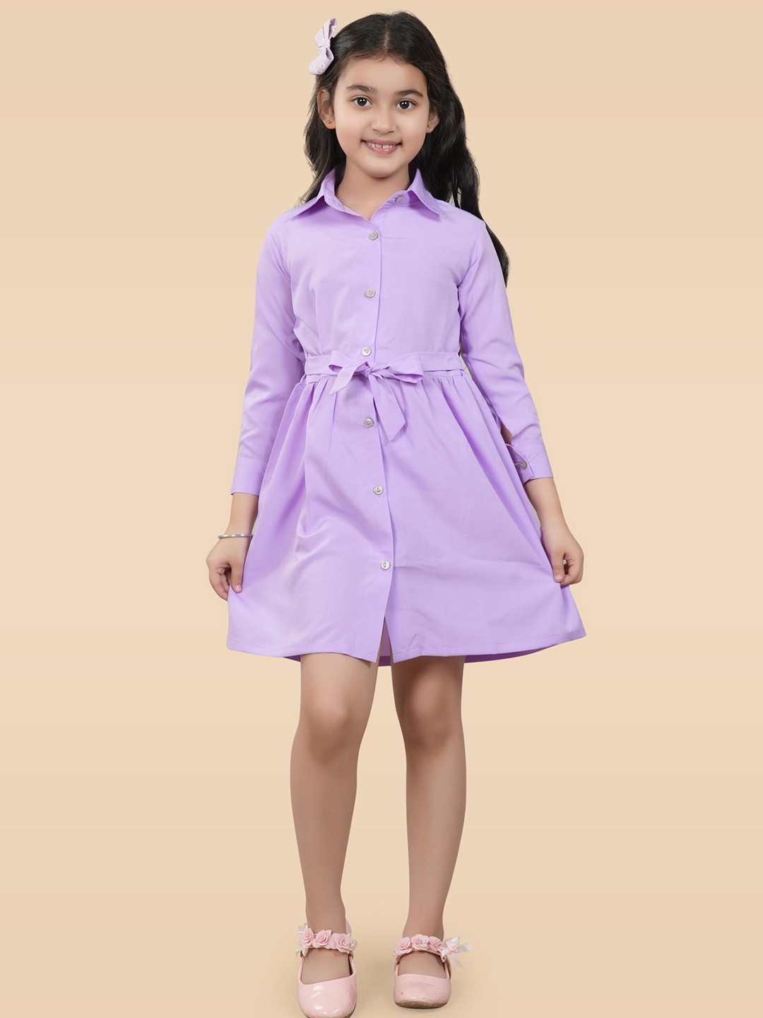 

RANJ Girls Shirt Collar Cuffed Sleeves Belted Shirt Dress, Purple