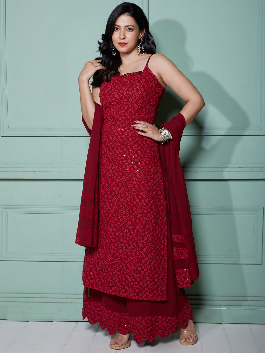 

NUD Women Floral Embroidered Regular Sequinned Kurta with Palazzos & With Dupatta, Maroon