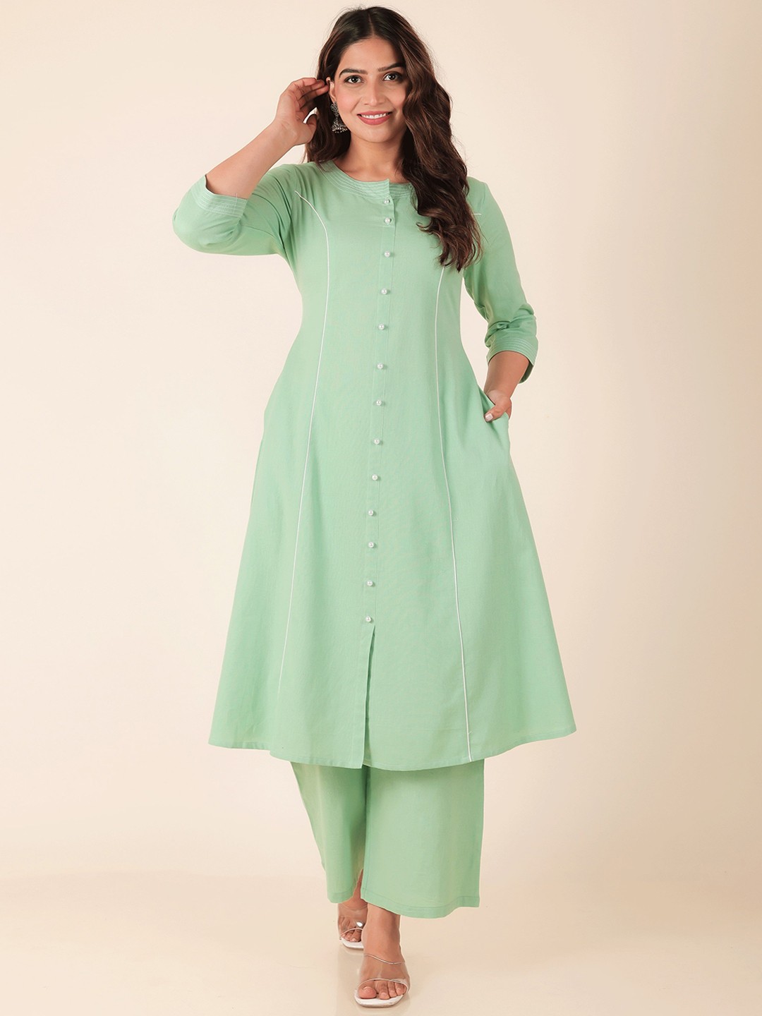 

Aramya Women Regular Linen Kurta with Palazzos, Green