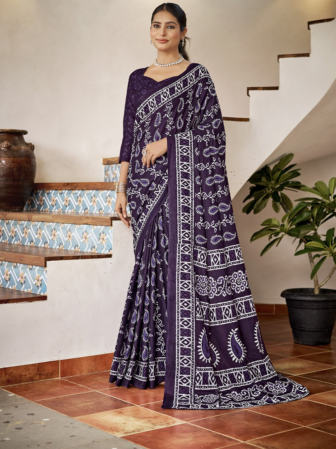 

Munir Floral Pure Cotton Bagru Saree, Purple