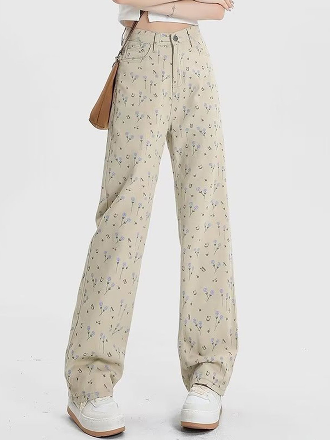 

LULU & SKY Women Printed Straight Fit High-Rise Jeans, Beige