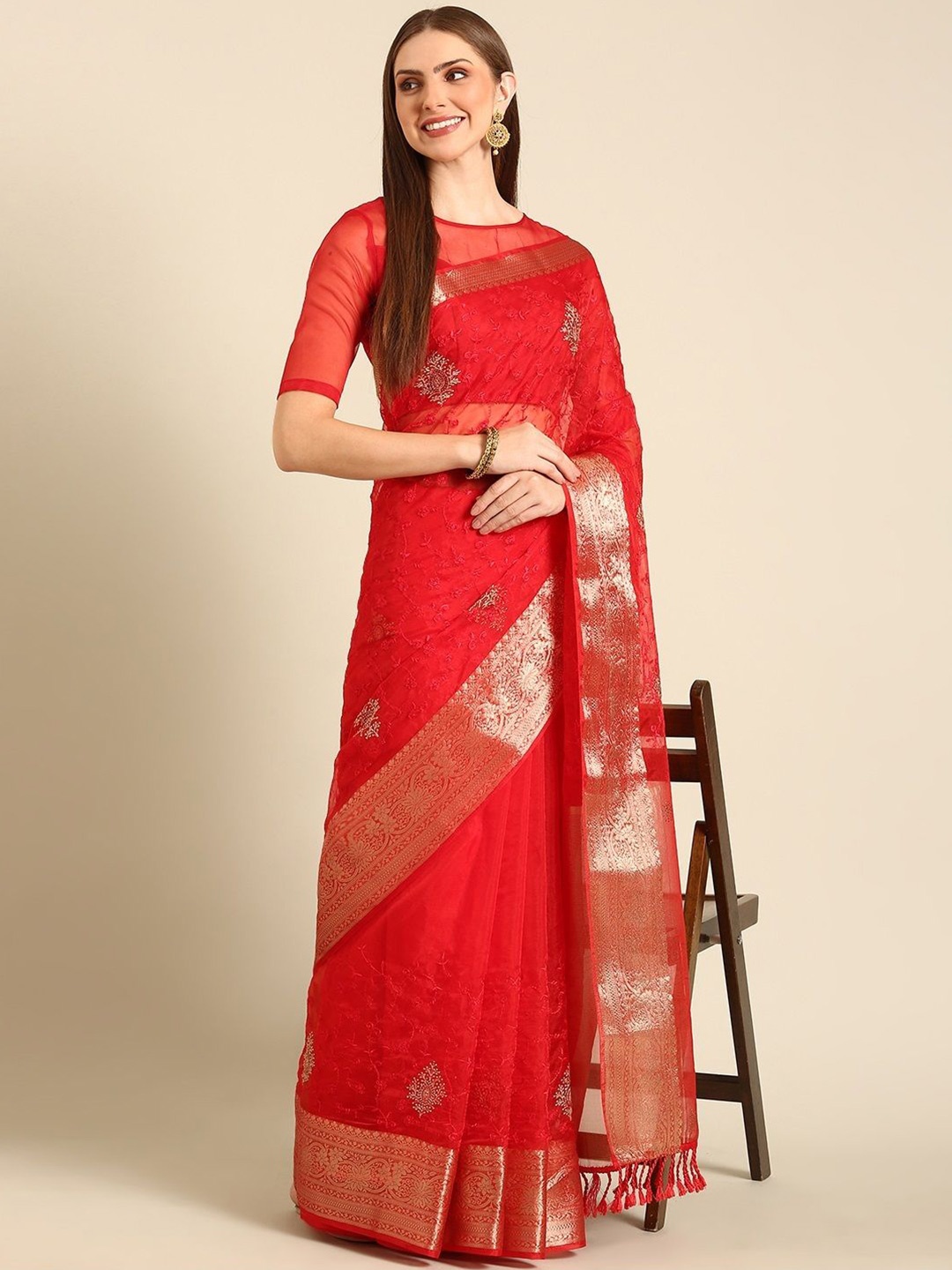 

all about you Ethnic Motifs Zari Organza Saree, Red