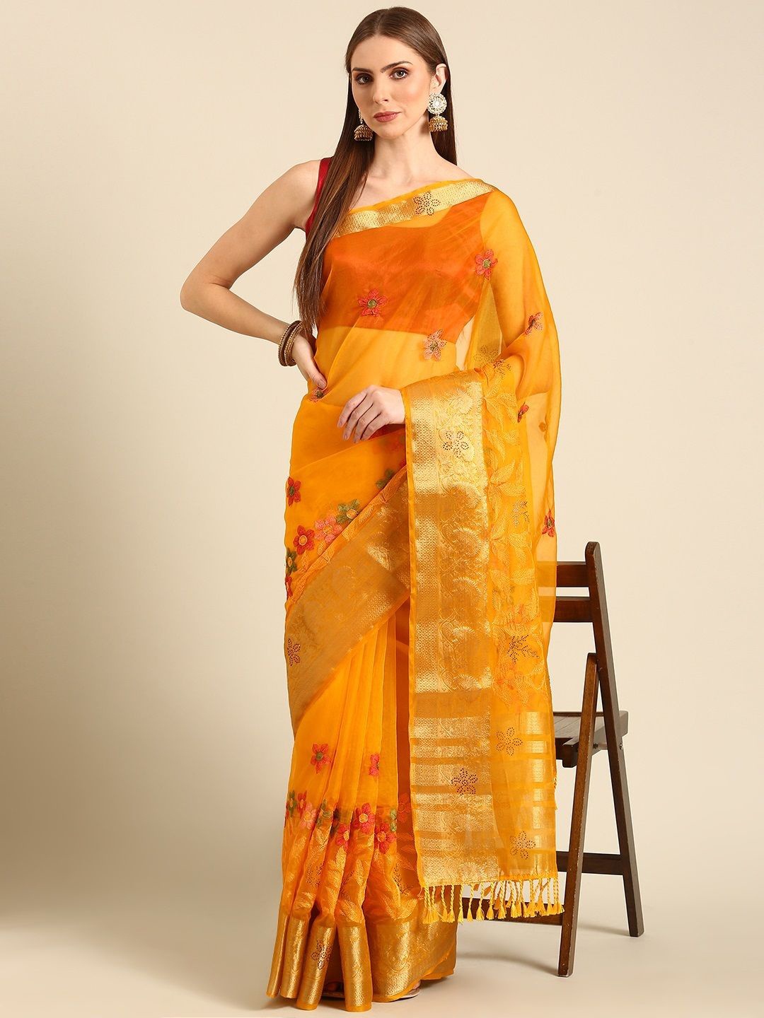 

all about you Ethnic Motifs Zari Organza Saree, Yellow
