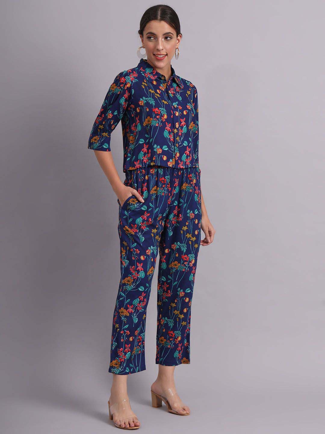 

KALINI Floral Printed Shirt Collar Shirt With Trousers Co-Ords, Blue