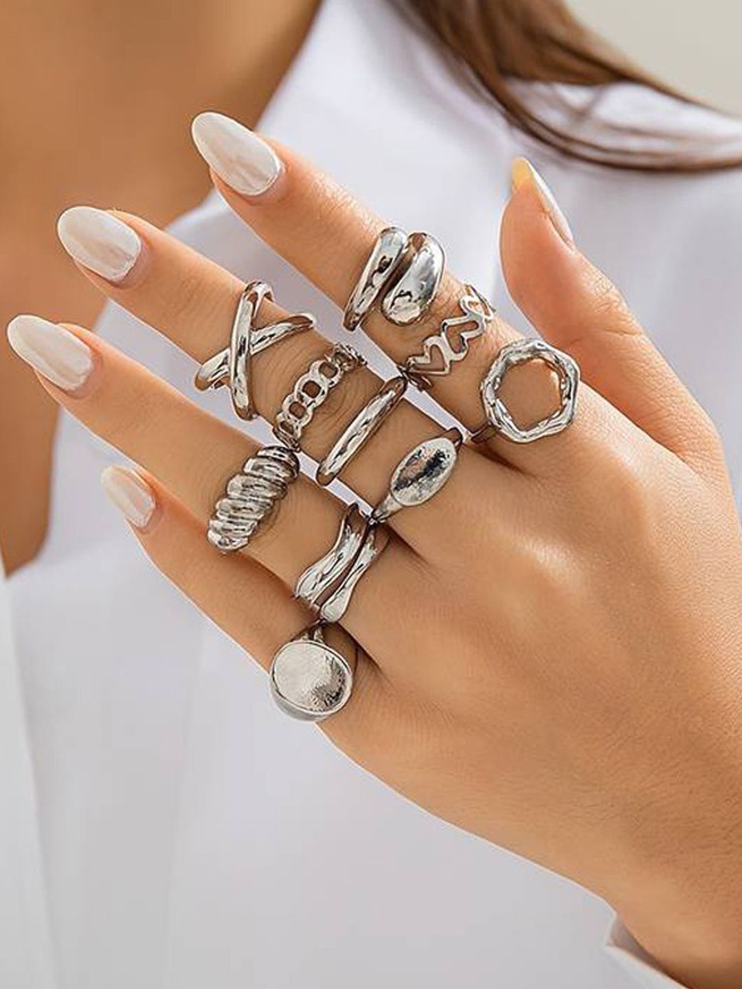 

Jewels Galaxy Set Of 10 Silver Plated Midi Adjustable Finger Rings