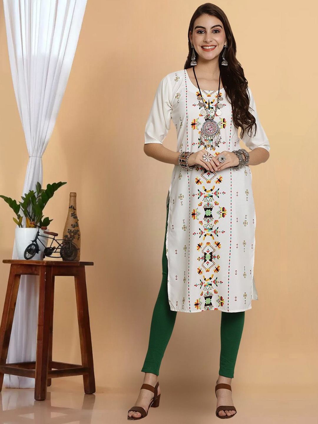 

7Threads Women Floral Printed Flared Sleeves Thread Work Floral Crepe Kurta, Multi