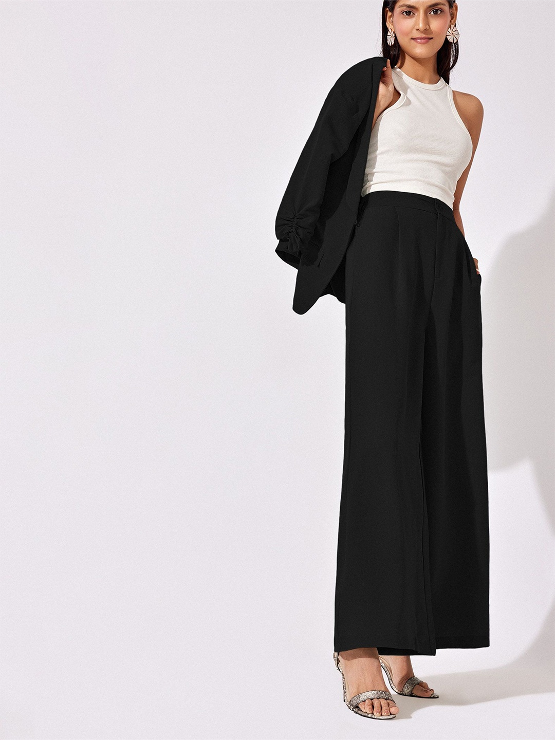 

The Label Life Women Flared High-Rise Pleated Parallel Trousers, Black