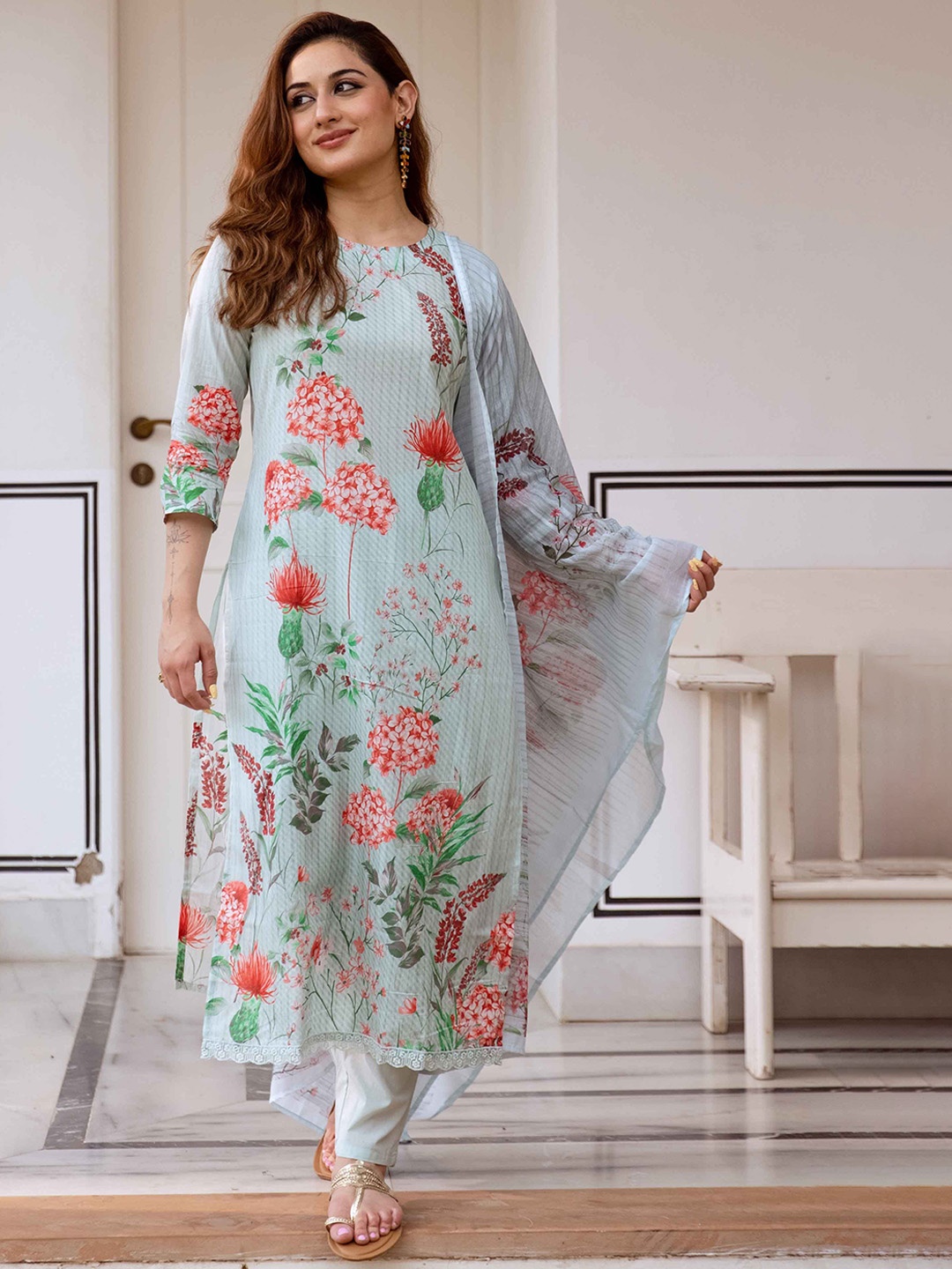 

KALINI Women Floral Printed Regular Sequinned Pure Cotton Kurta with Trousers & With Dupatta, Green