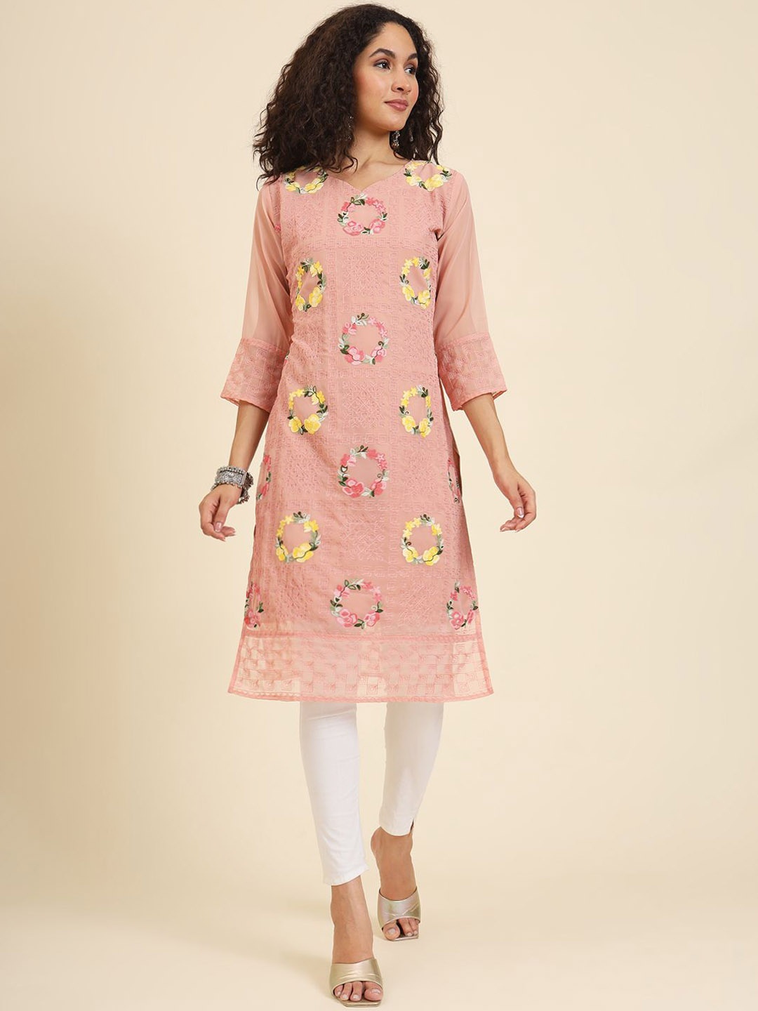 

HERE&NOW Women Quirky Embroidered Thread Work Georgette Pathani Kurta, Peach