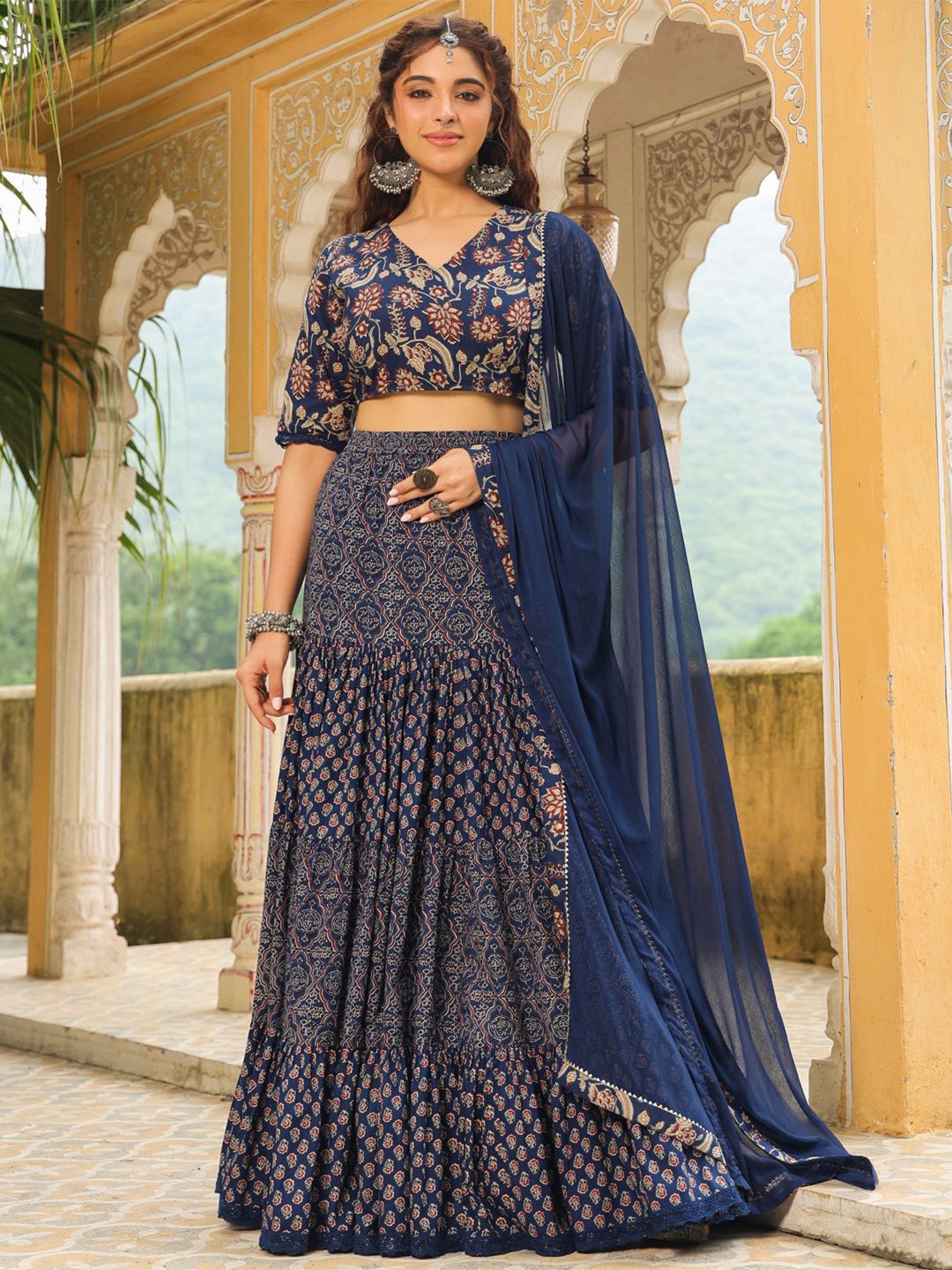 

Janasya Printed Ready to Wear Lehenga & Blouse With Dupatta, Blue