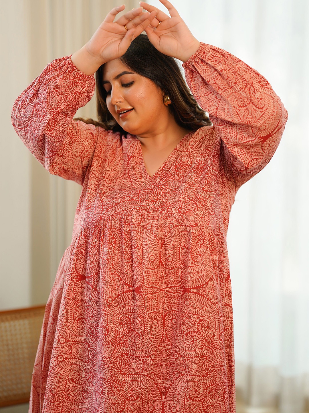 

NANGALIA RUCHIRA Paisley Printed Cotton Puff Sleeve Empire Dress, Red
