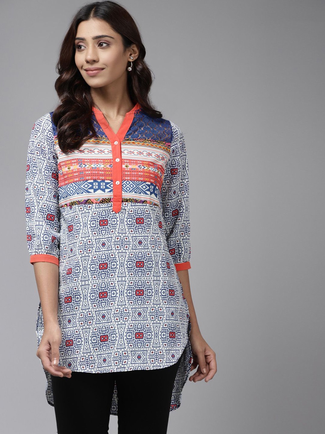 

BAESD Floral Print Mandarin Collar Georgette Styled Back Longline Top, Blue