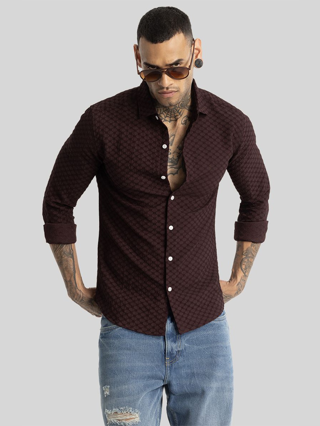 

Snitch Men Smart Slim Fit Opaque Printed Casual Shirt, Brown