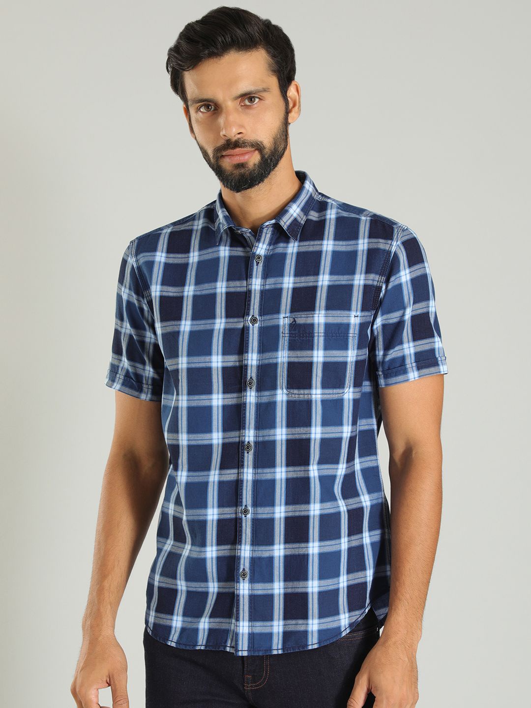 

Indian Terrain Men India Slim Spread Collar Tartan Checked Cotton Slim Fit Casual Shirt, Blue