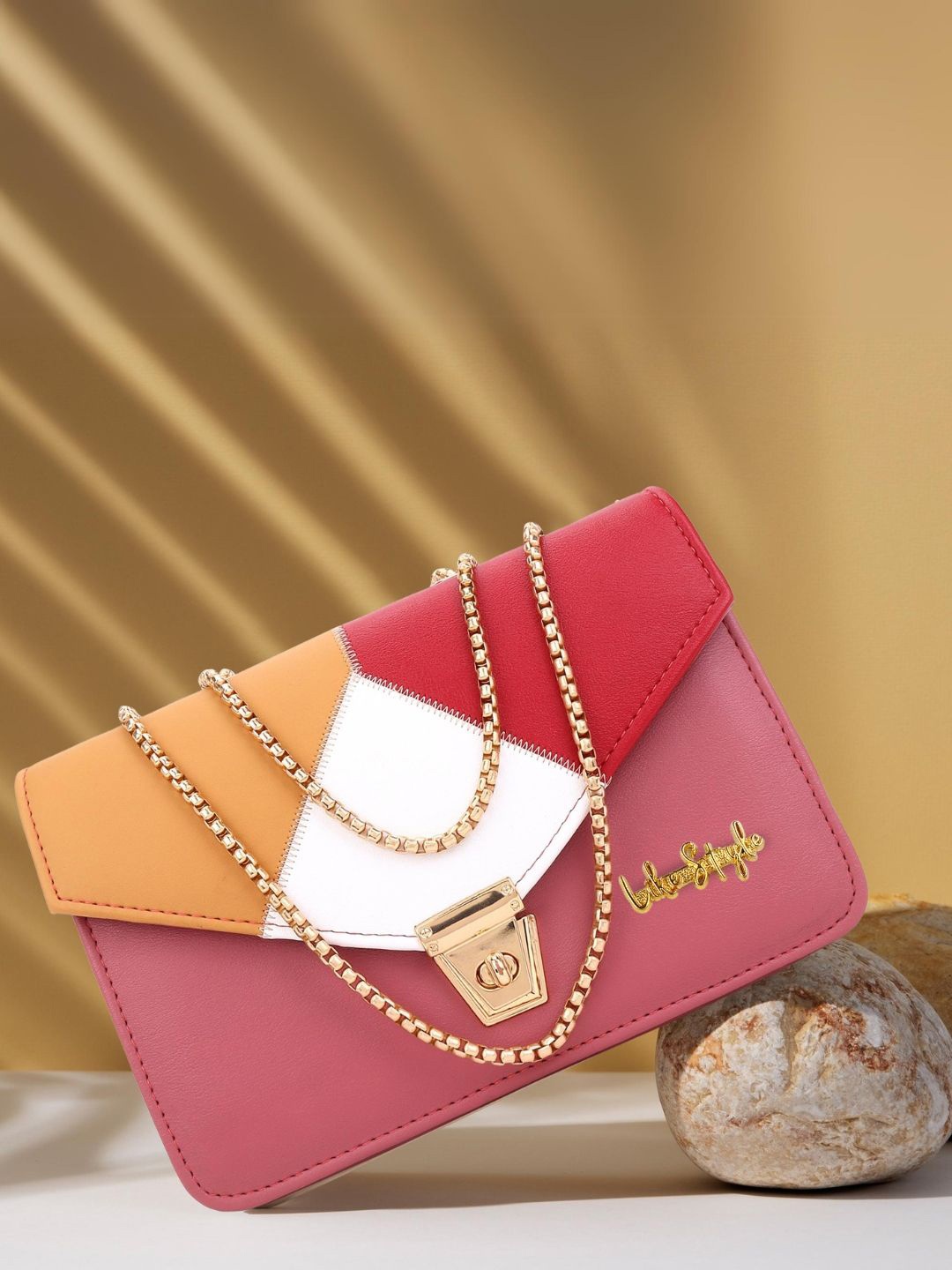 

LIKE STYLE Colourblocked PU Structured Sling Bag with Quilted, Pink