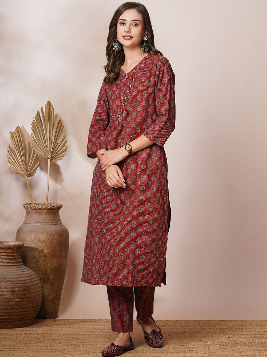 

FASHOR Ethnic Motif Printed Cotton Straight Kurta With Trouser, Brown