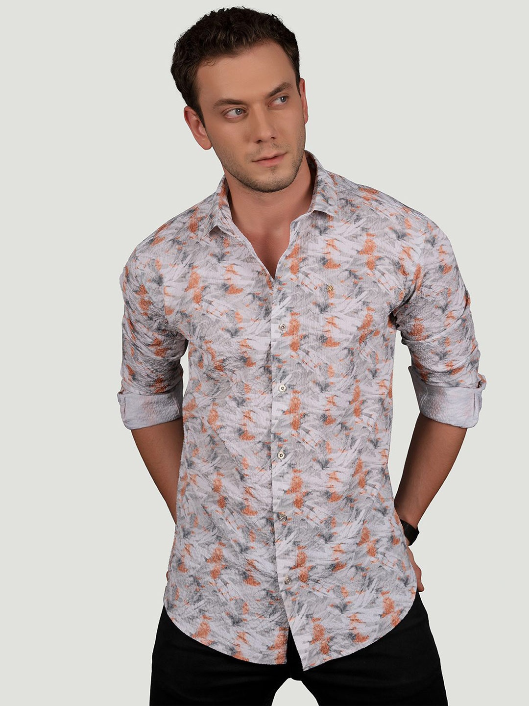 

ALMATY Men Comfort Slim Fit Floral Opaque Printed Party Shirt, Orange