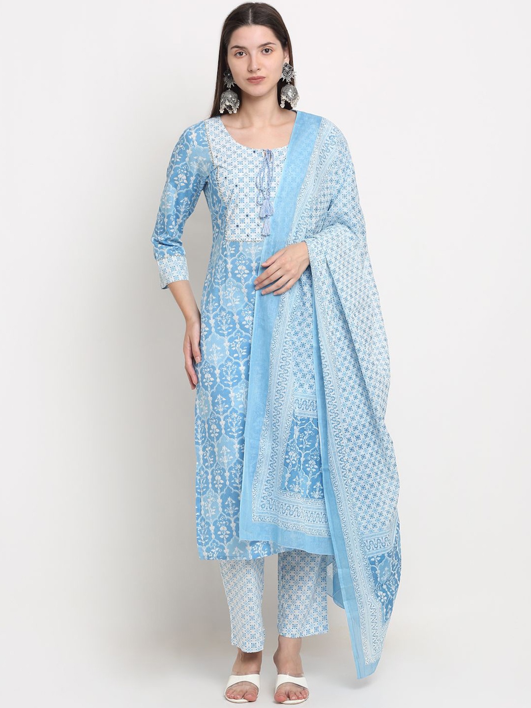 

KALINI Women Floral Printed Regular Mirror Work Pure Cotton Kurta with Trousers & With Dupatta, Blue