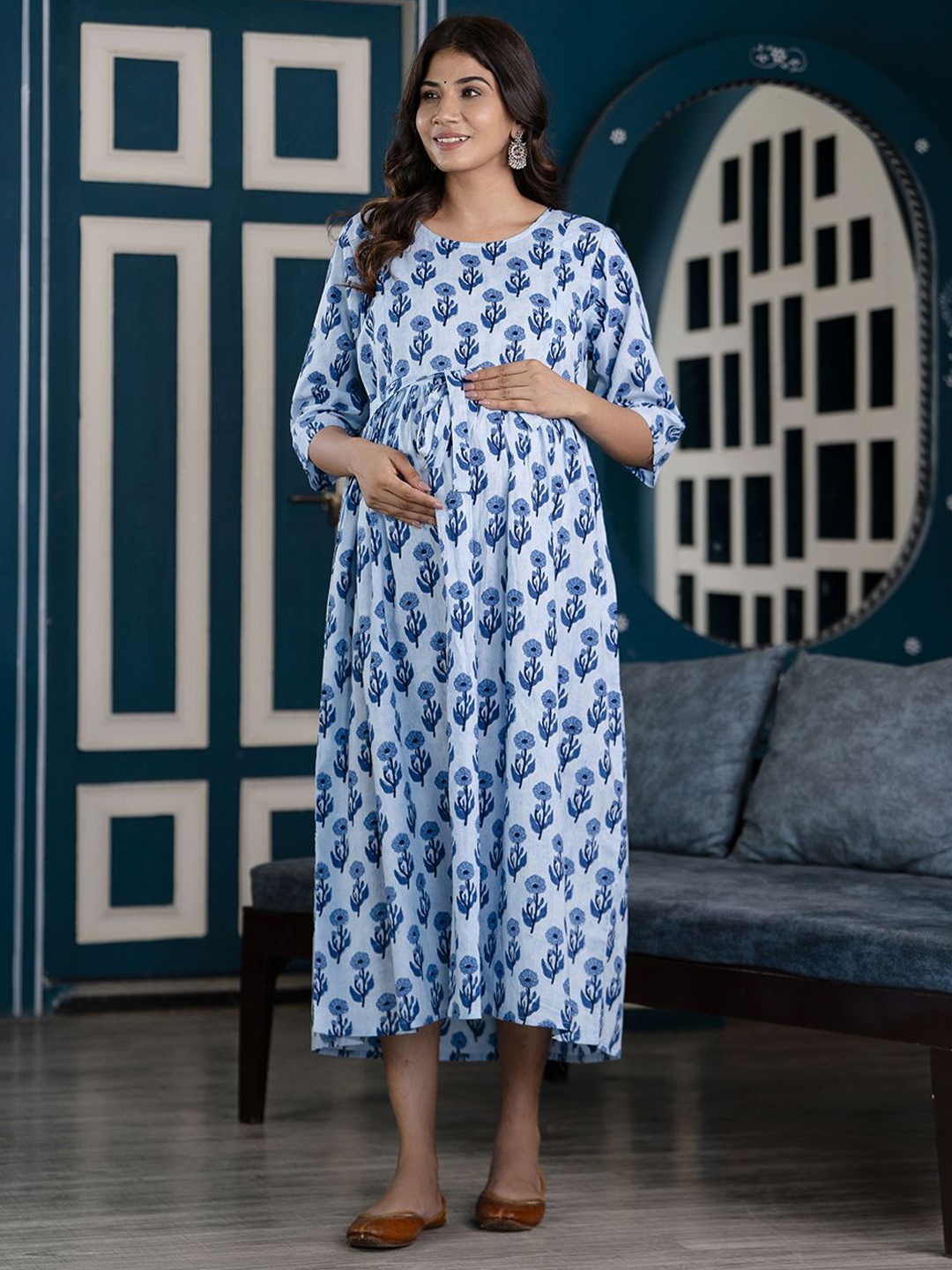 

Nayo Print Maternity A-Line Midi Dress, Blue