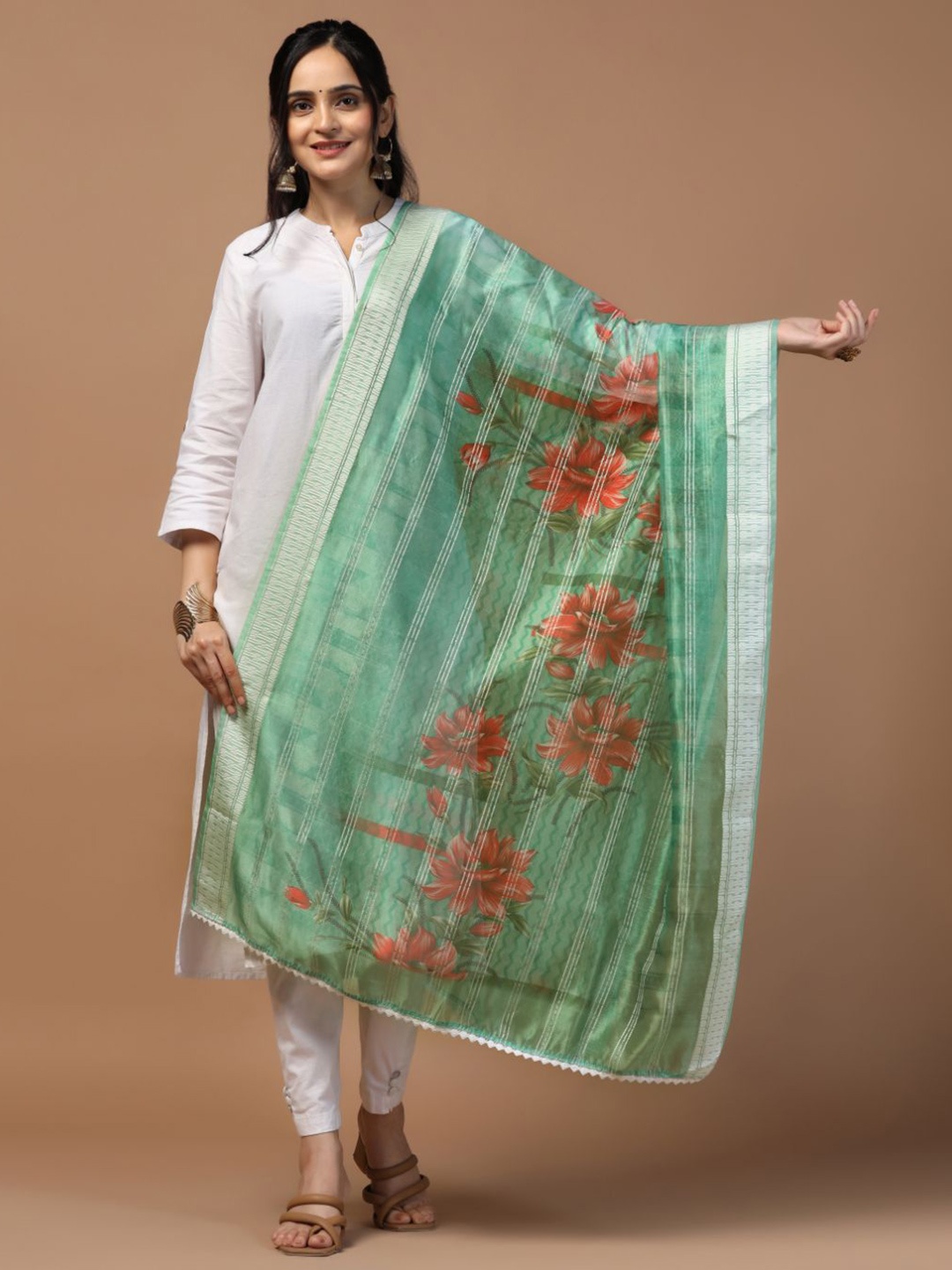 

Kaizen TEXO FAB Floral Printed Organza Dupatta, Teal