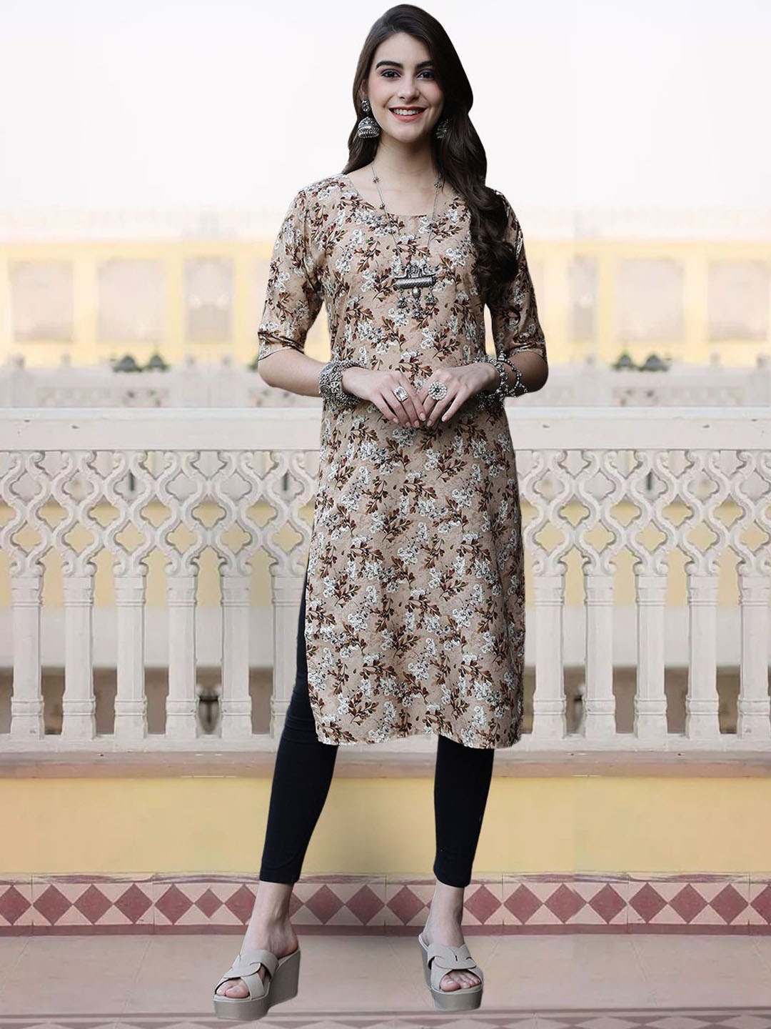 

7Threads Women Printed Flared Sleeves Floral Crepe Anarkali Kurta, Multi