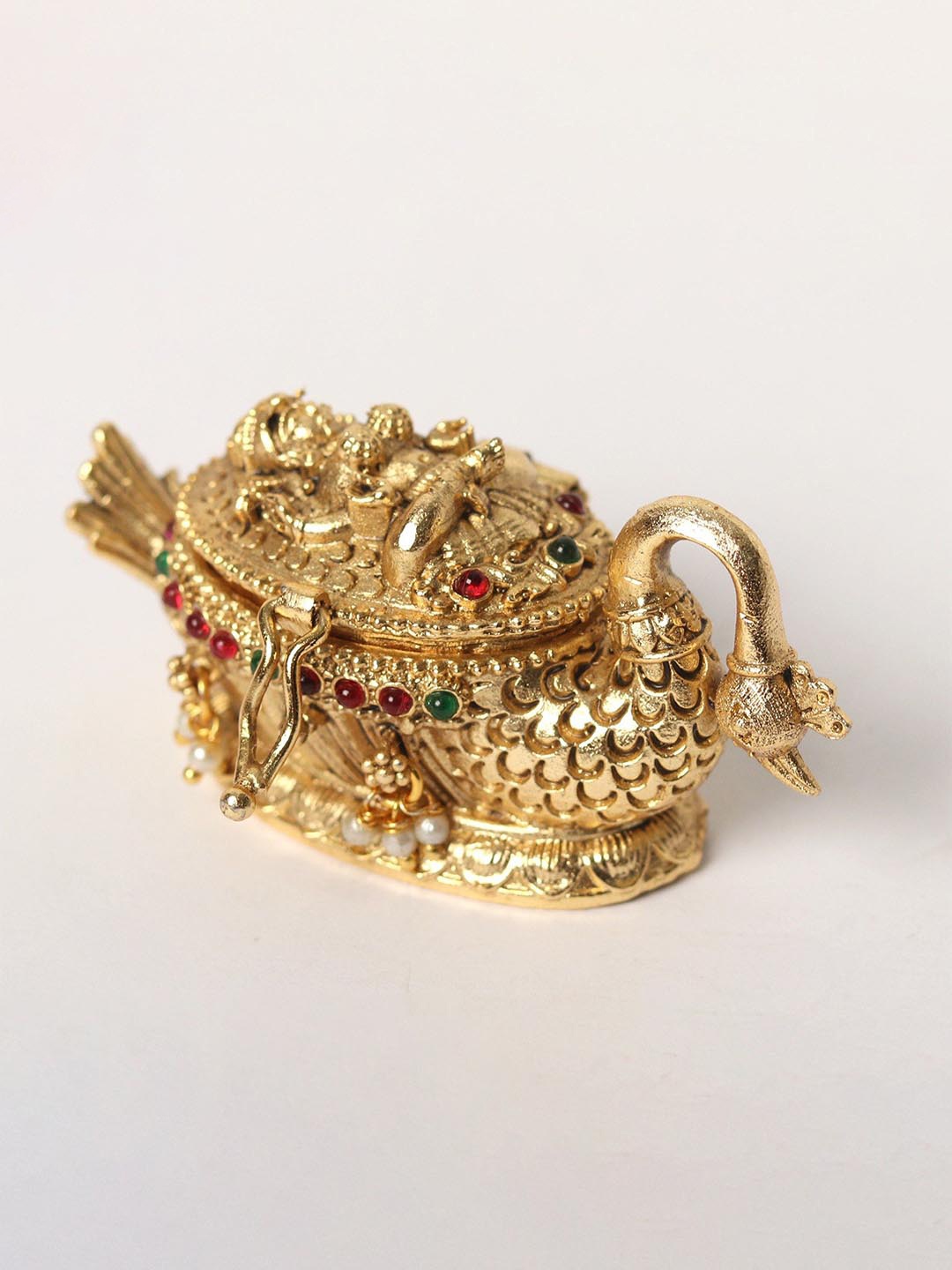 

Exotic India Brass Goddess Lakshmi & Peacock Kumkum Box, Gold