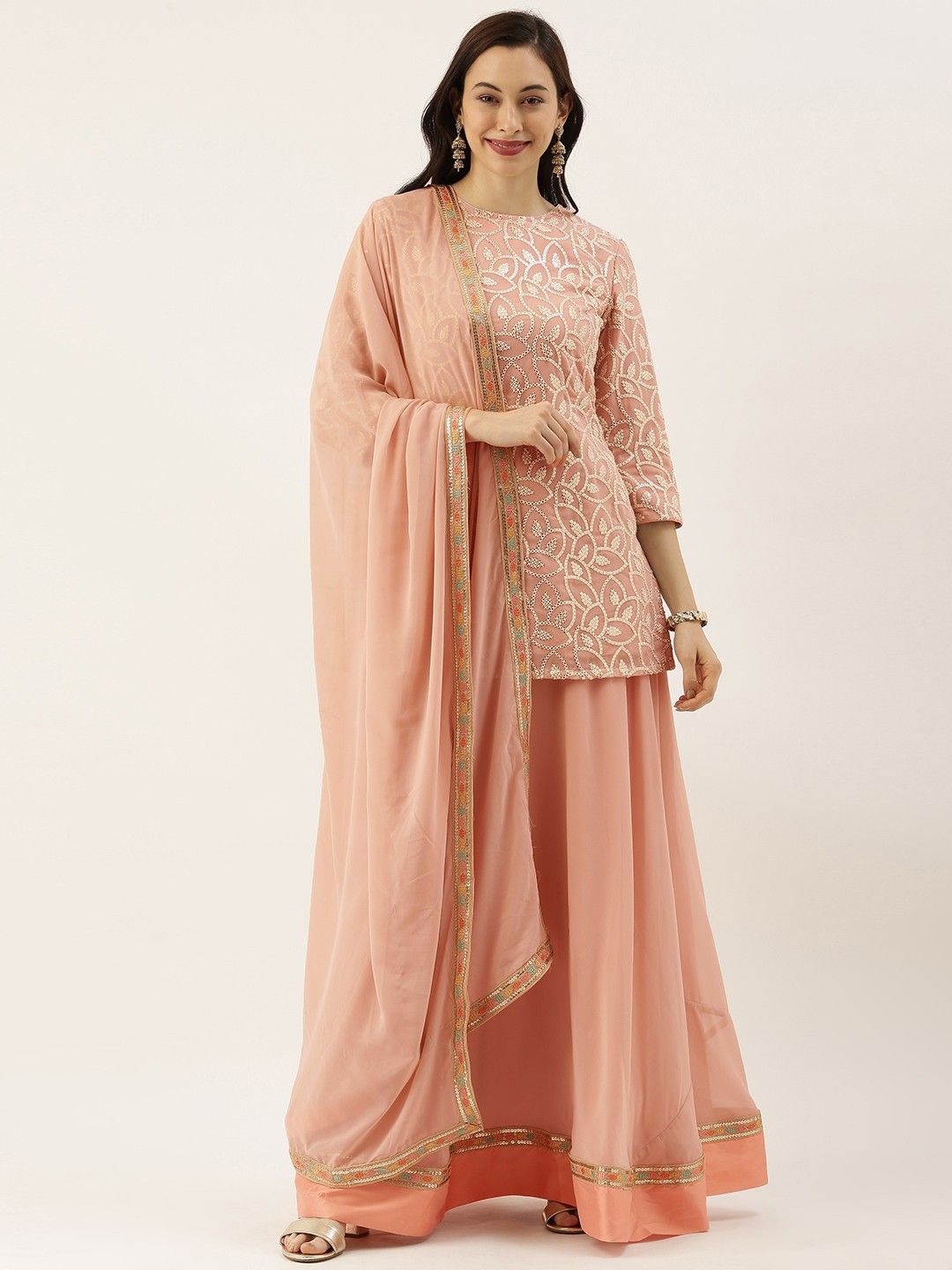 

Ethnovog Embroidered Ready to Wear Lehenga & Blouse With Dupatta, Pink