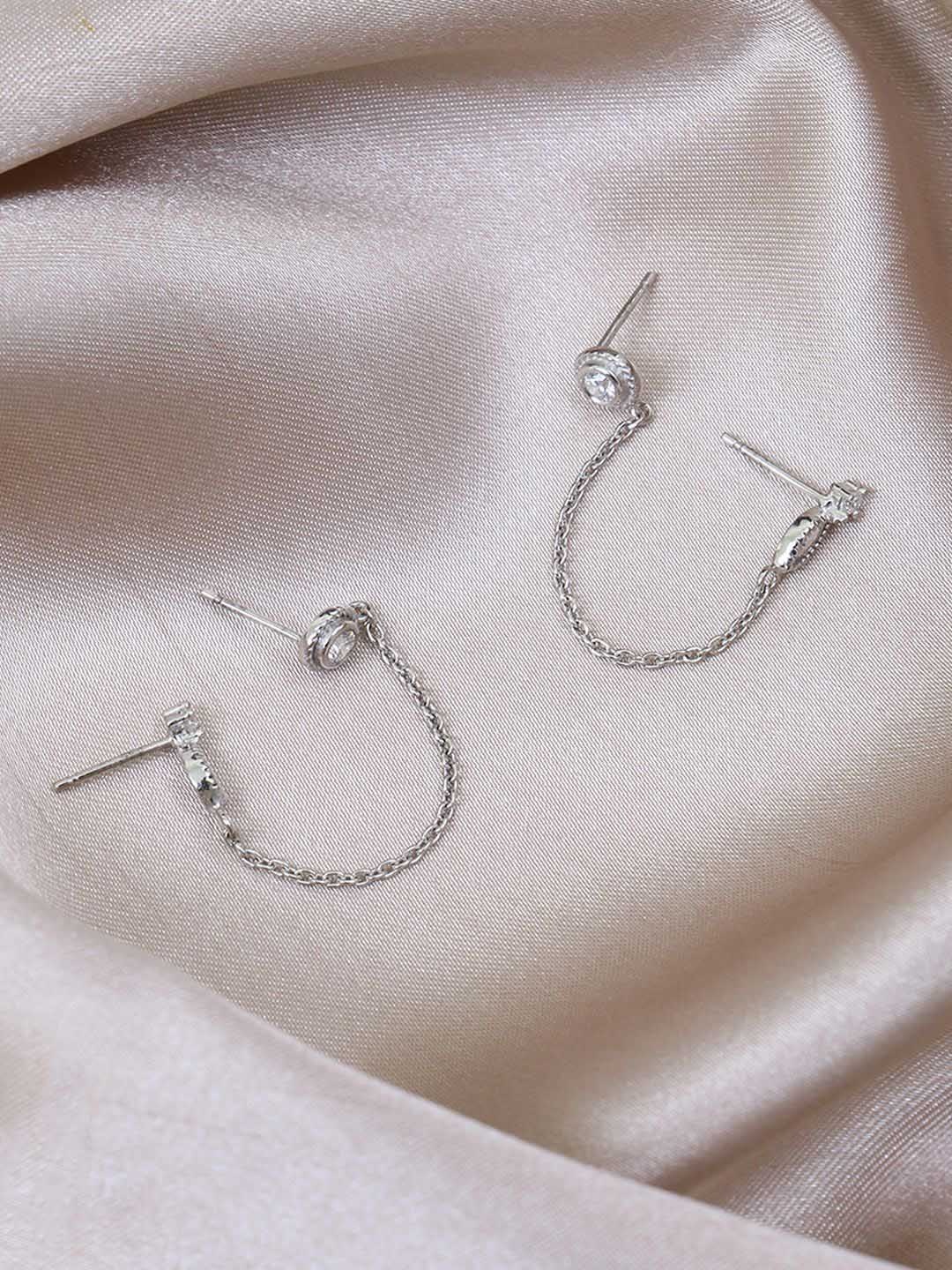 

House of Pataudi 925 Sterling Silver Flower Double Ear Piercing Drop Earrings