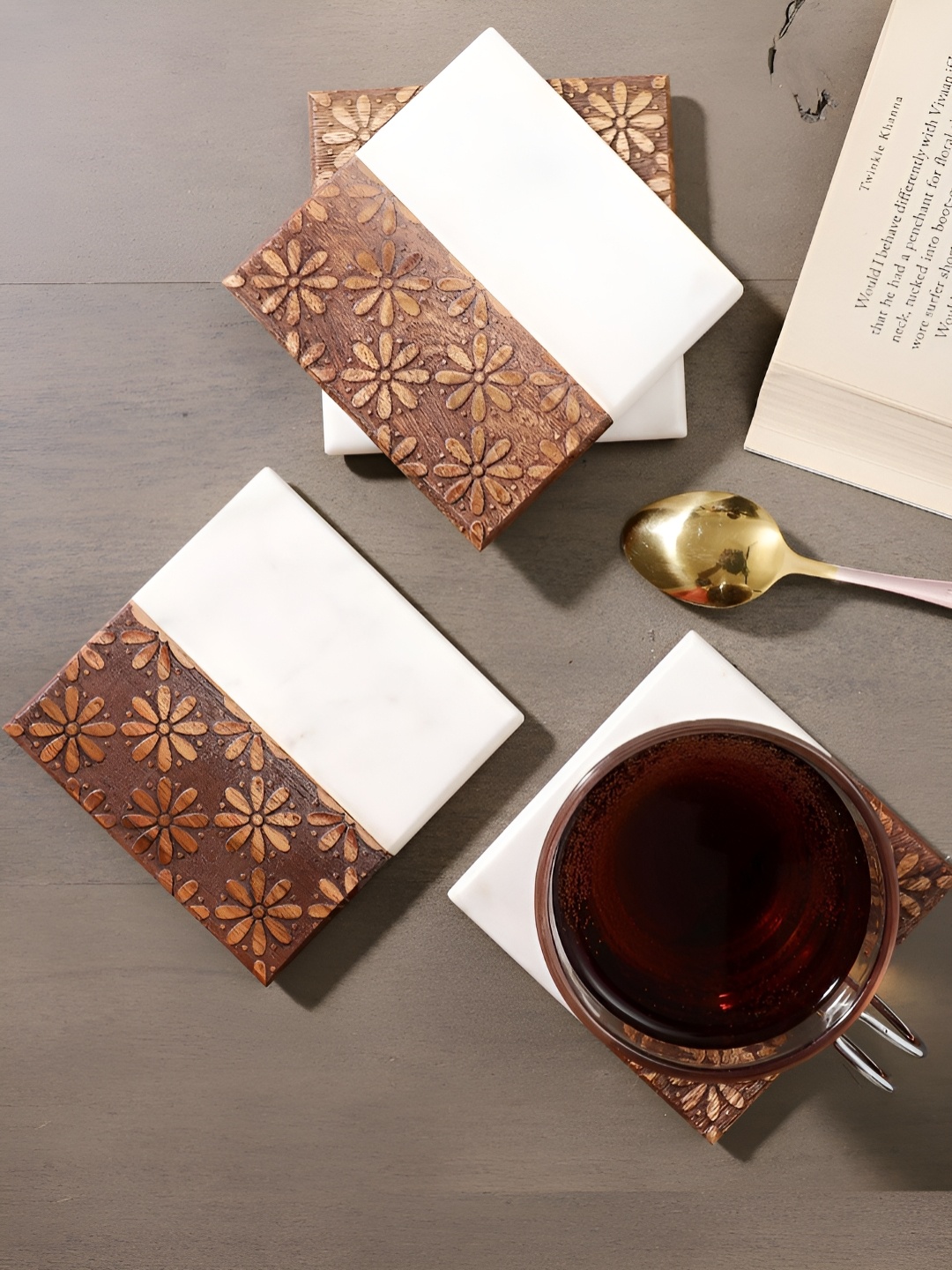 

NikkisPride 4-pcs White & Brown Floral Printed Marble Wood Coasters