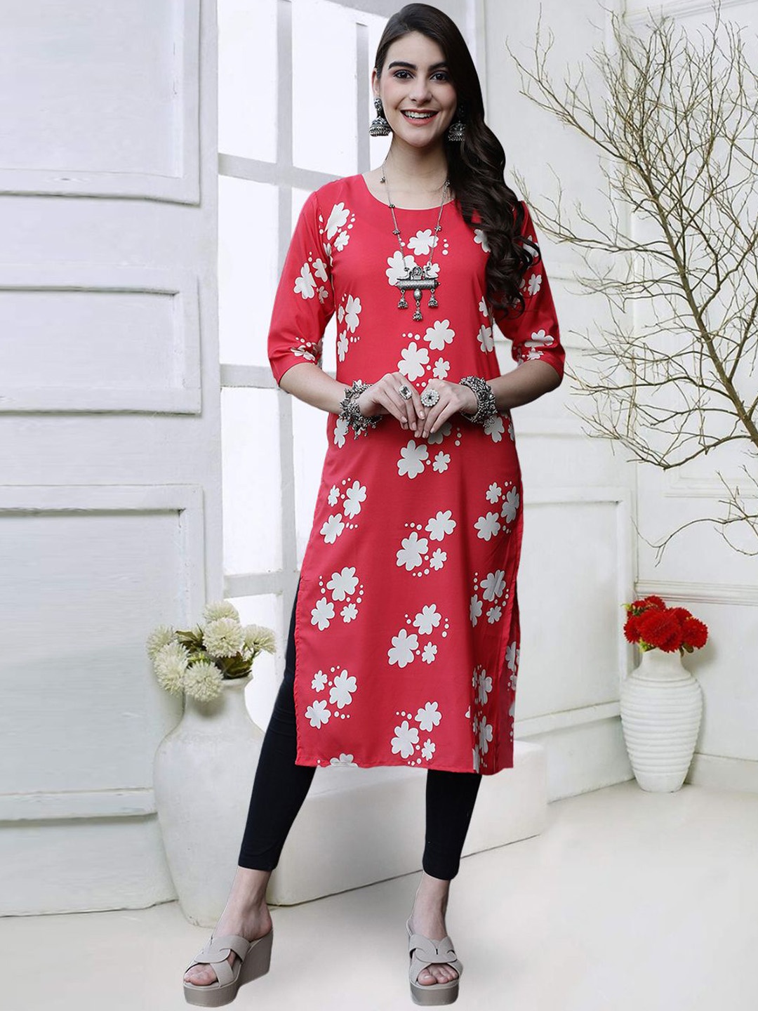

7Threads Women Quirky Checked Mirror Work Floral Crepe Kurta, Multi