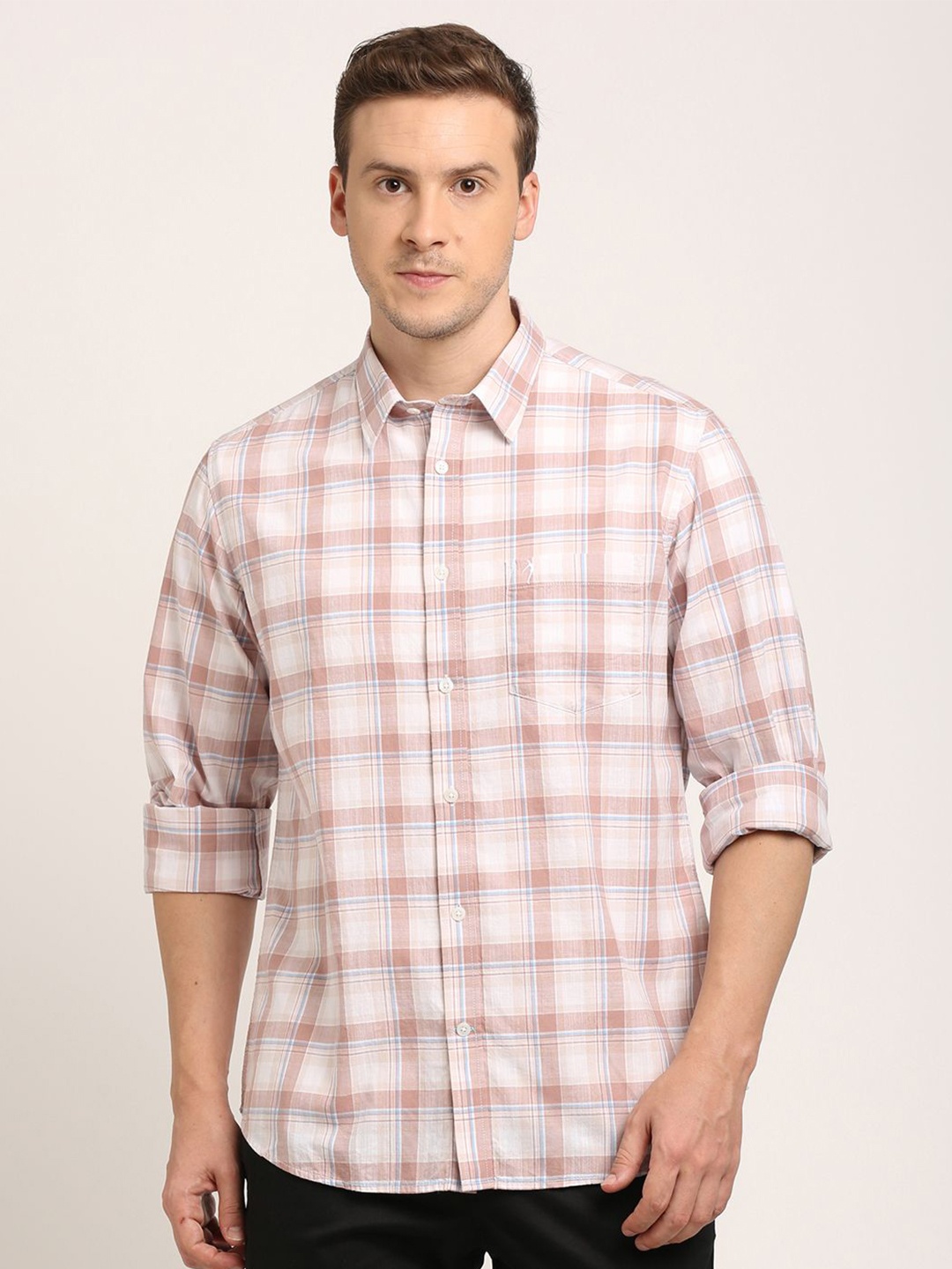

Indian Terrain Men Classic Spread Collar Tartan Checked Cotton Casual Shirt, Pink