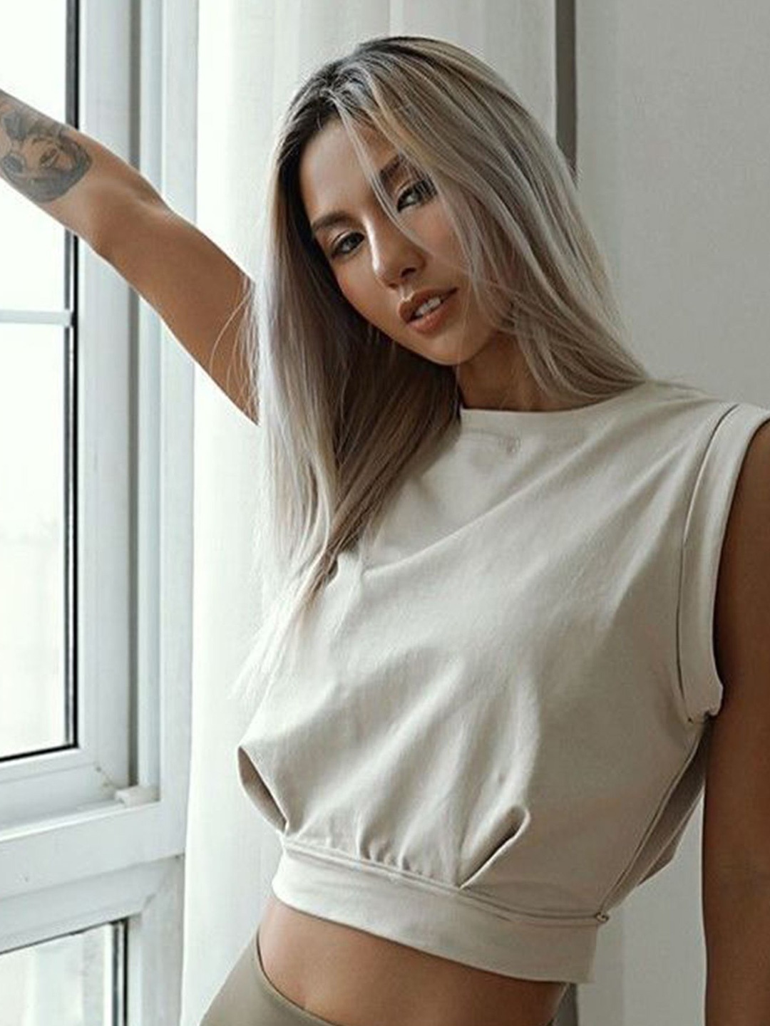 

LULU & SKY Cold-Shoulder Crop Top, Beige