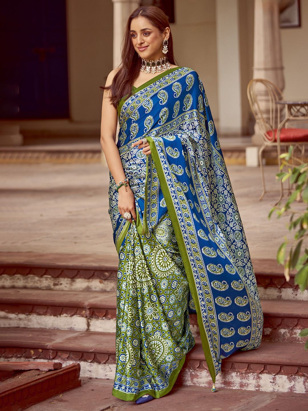 

Saree mall Ajrak Block Poly Crepe Block Print Sarees, Green