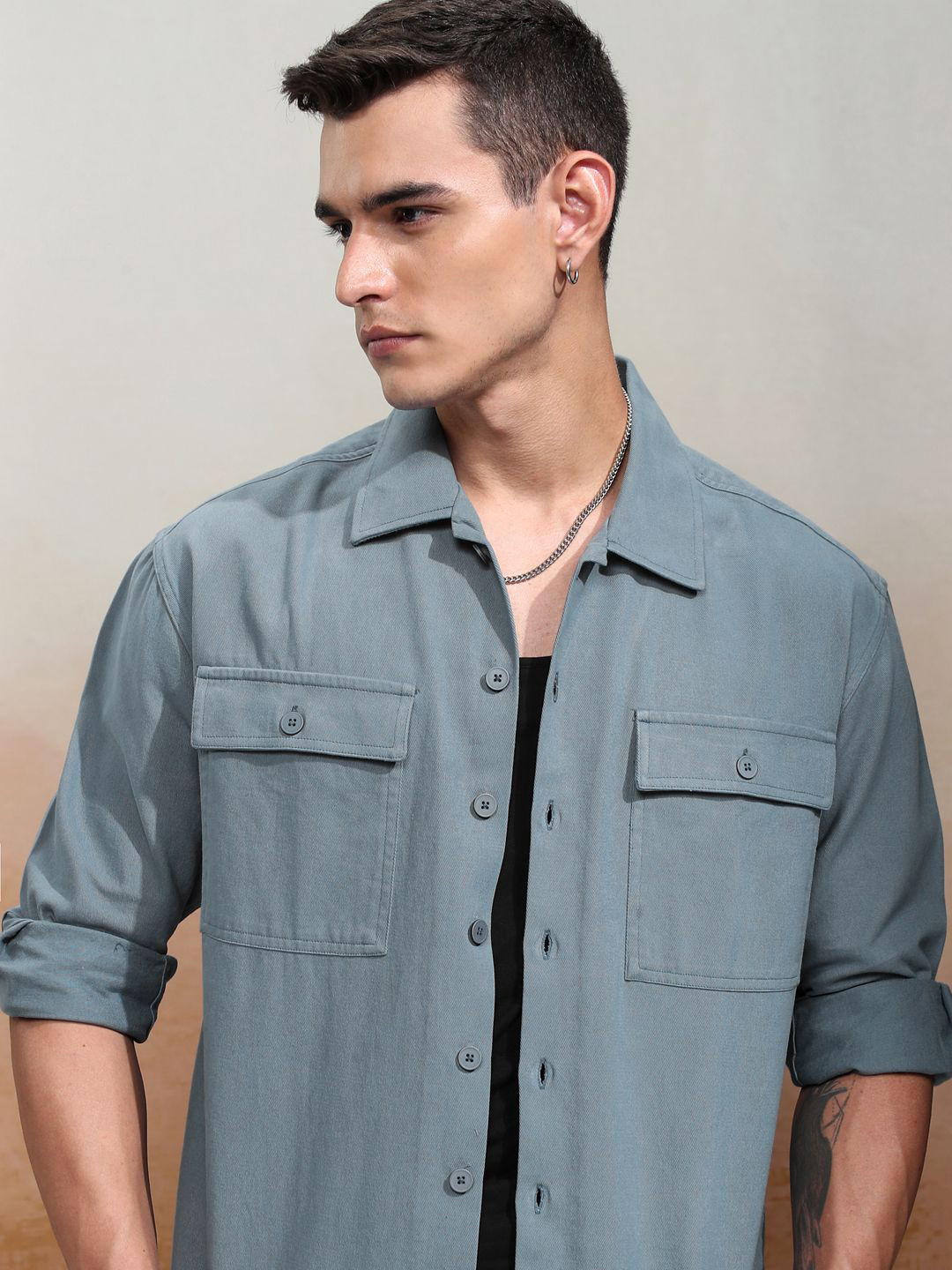 

HIGHLANDER Men Solid Utility Pocket Oversized Overshirt, Blue