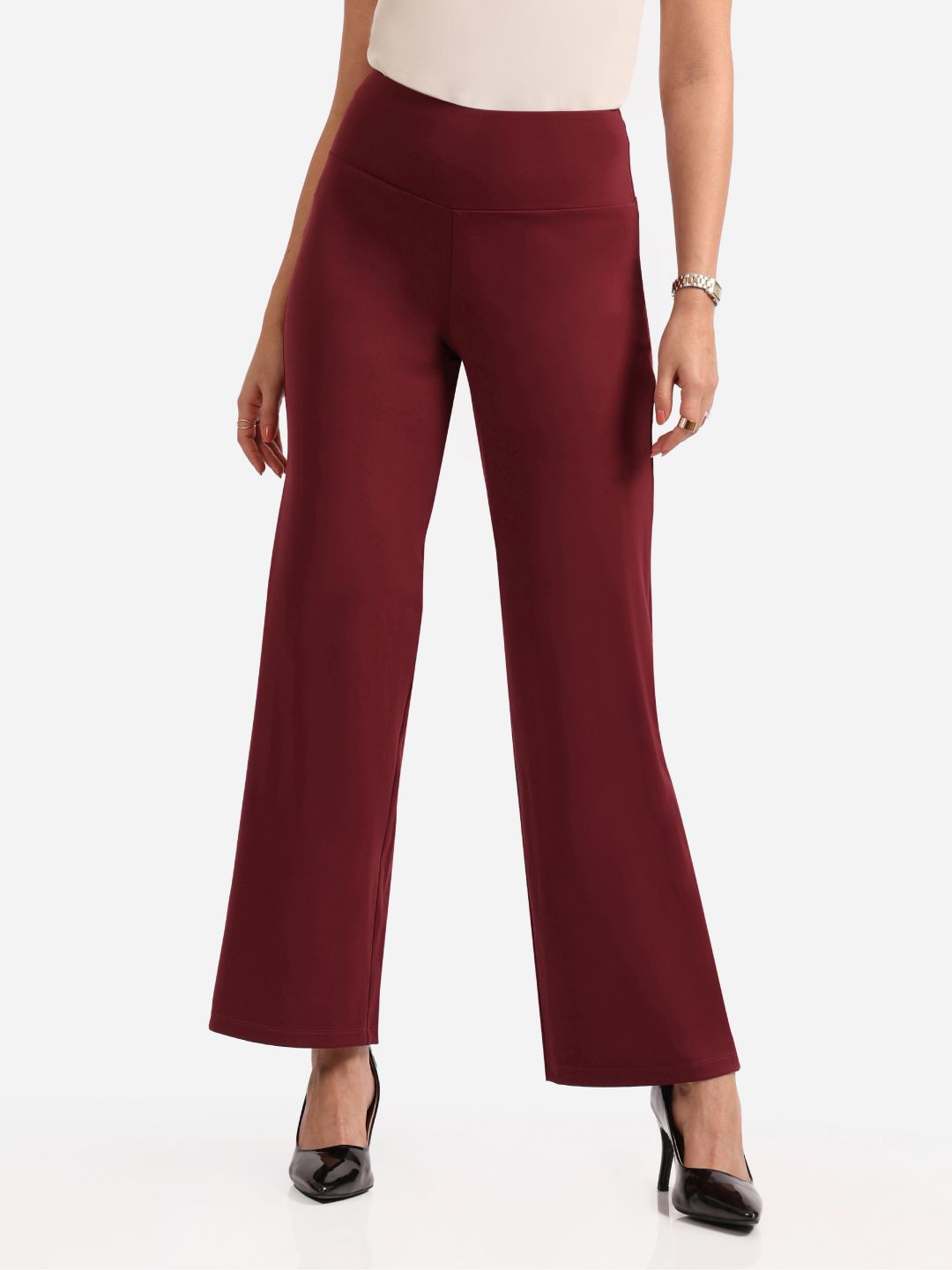 

Blissclub Women Loose Fit High-Rise Wrinkle Free Wide Leg Trousers, Burgundy