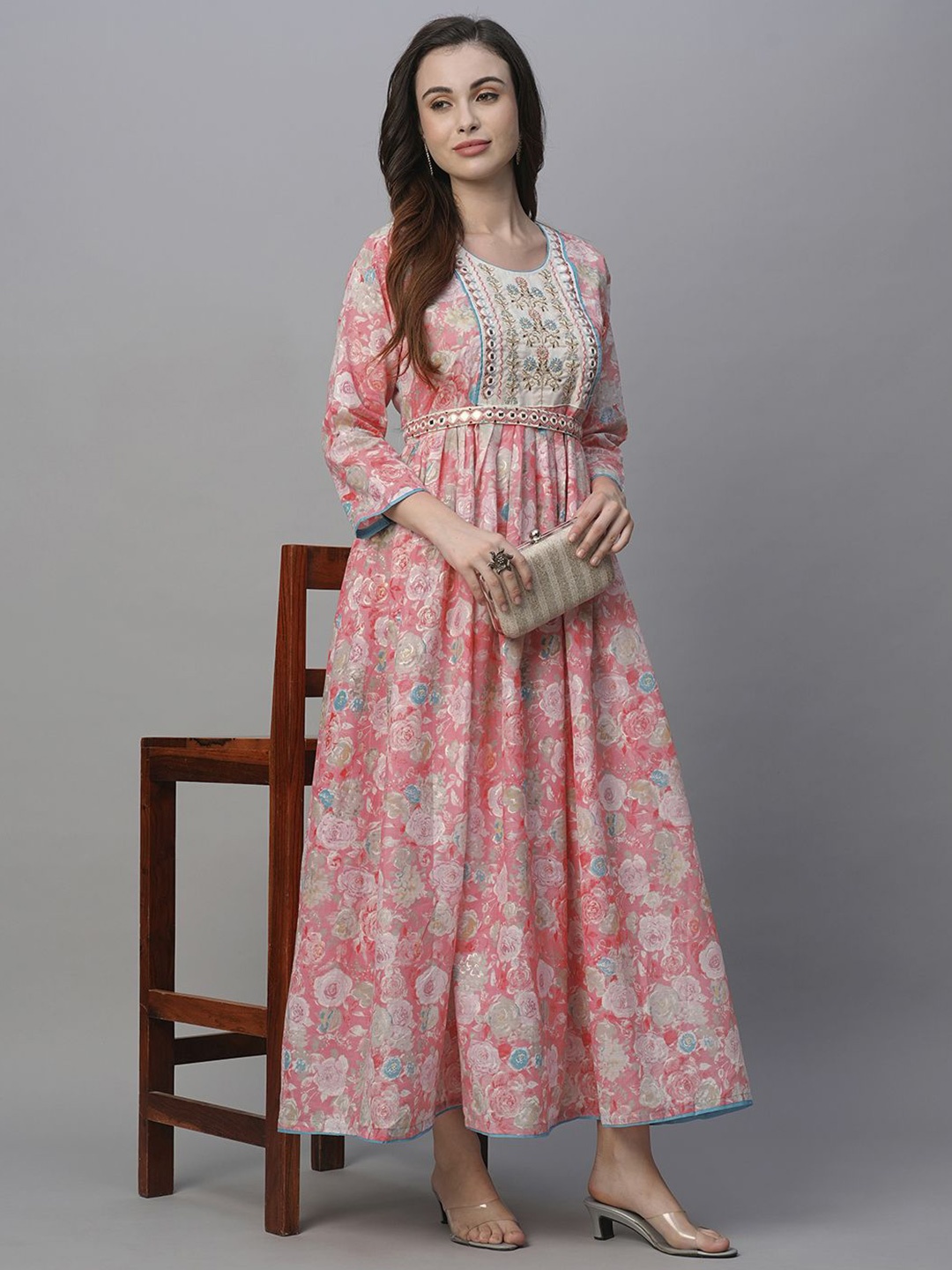 

Kiana Embroidered Mirror Work Empire Dress, Pink