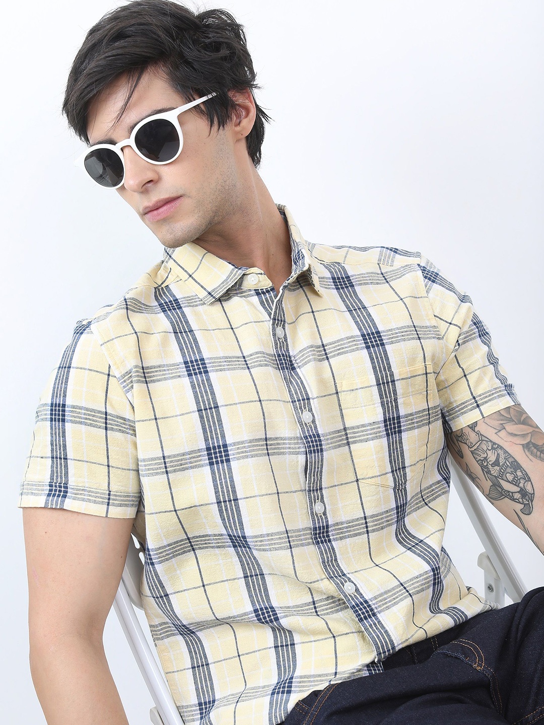 

HIGHLANDER Men Slim Fit Opaque Checked Casual Shirt, Yellow
